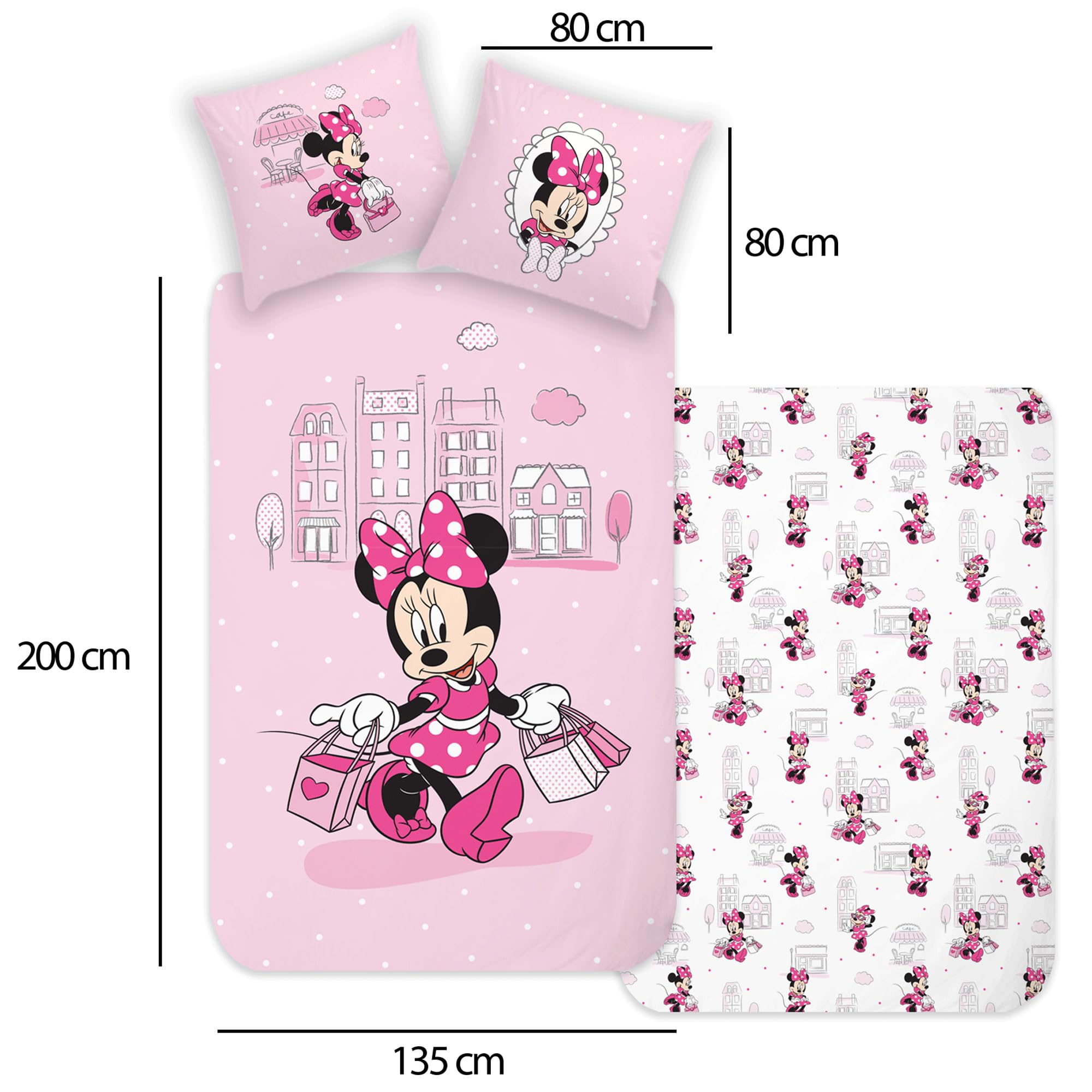 Minnie Mouse Bettwäsche Shopping 135 x 200 cm + 80 x 80 cm 100% Baumwolle in Renforcé-Linon-Qualität mit YKK-Reißverschluss Minnie Maus Disney Mickey Daisy Donald Goofy Sweet Love Deutsche Größe