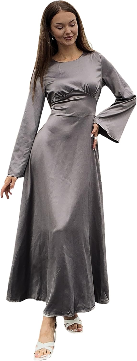 Modest Satin Maxi Dress for Women Long Sleeve Floor Length Evening Gown Hijab Friendly A-Line Empire Waist