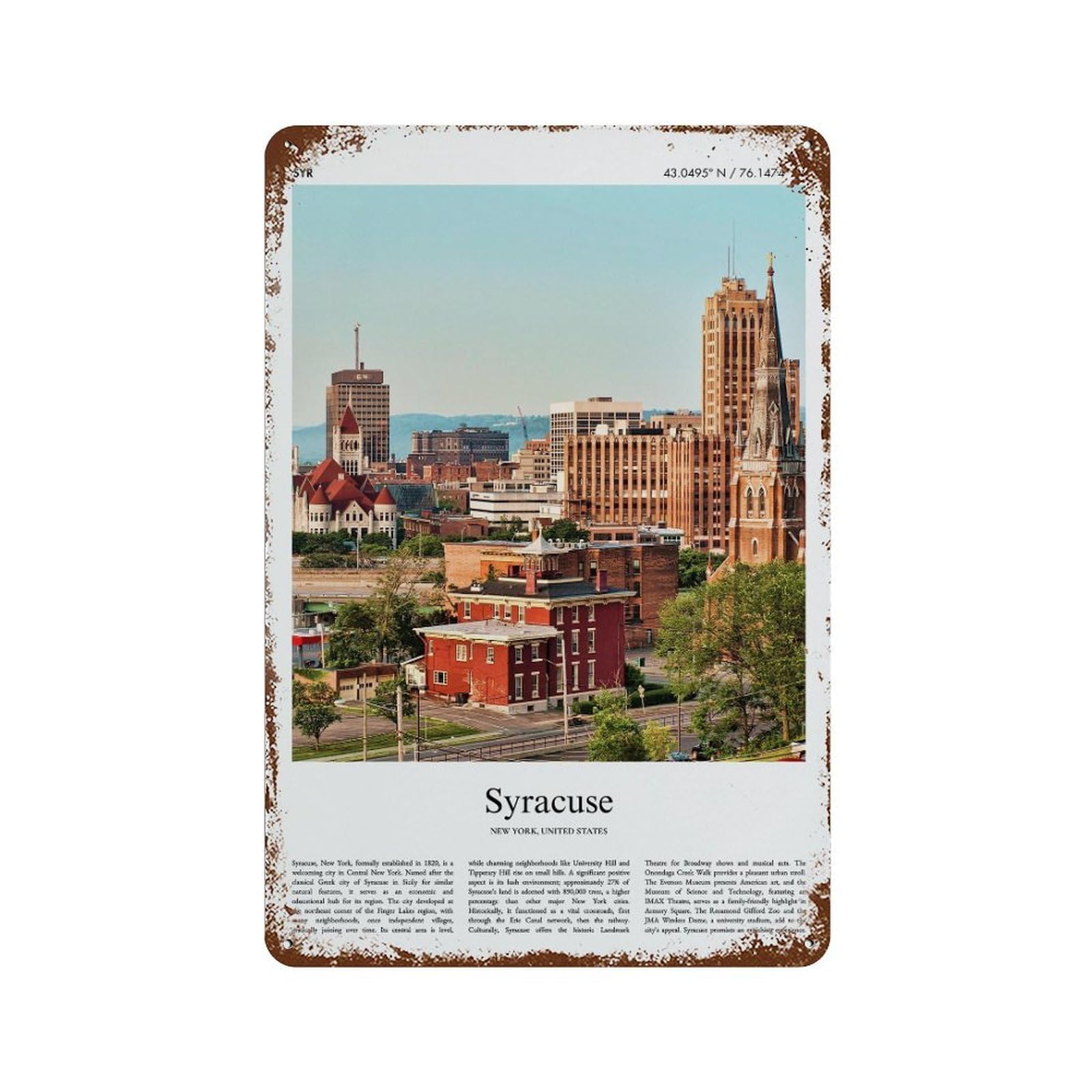 xiaoxiaoshen Syracuse New York, United States, USA City Scenery Wall Decor Art Metal Tin Poster Modern Home Decor Art Home Bar Shop Decorations Vintage Sign 30x20cm
