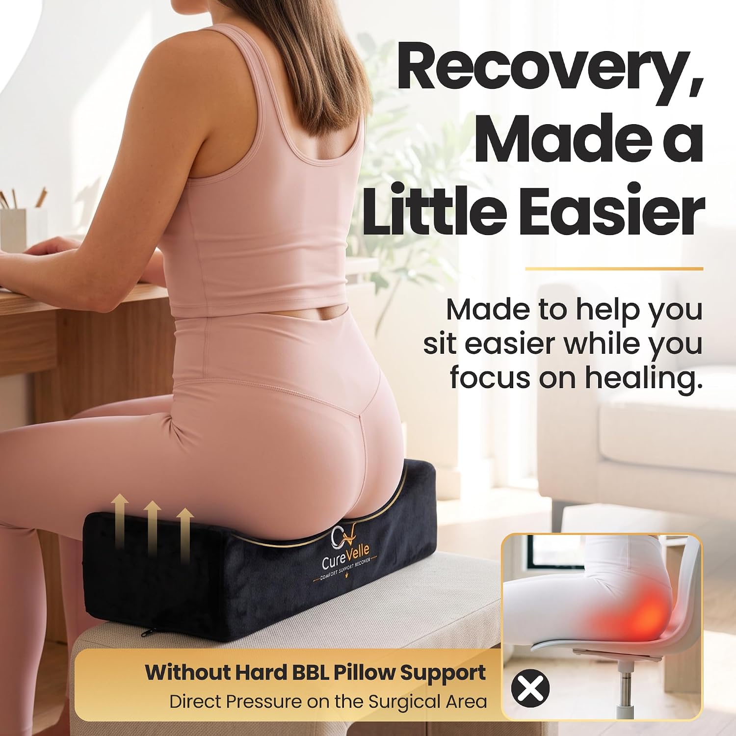 BBL Pillow After Surgery, Brazilian Butt Lift Recovery Hard Cushion for Sitting, Firm High-Density Memory Foam Seat BBL Recovery Pillow with Non-Slip Base, Washable Velvet Cover Travel Bag