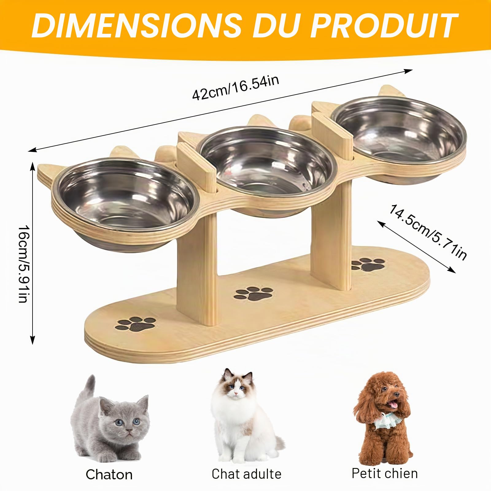 GOMETY Lot de 3 gamelles surélevées 3 en 1 pour chat avec 3 gamelles en acier inoxydable - Hauteur réglable - Avec support en bois - Gamelle ergonomique pour petits chiens