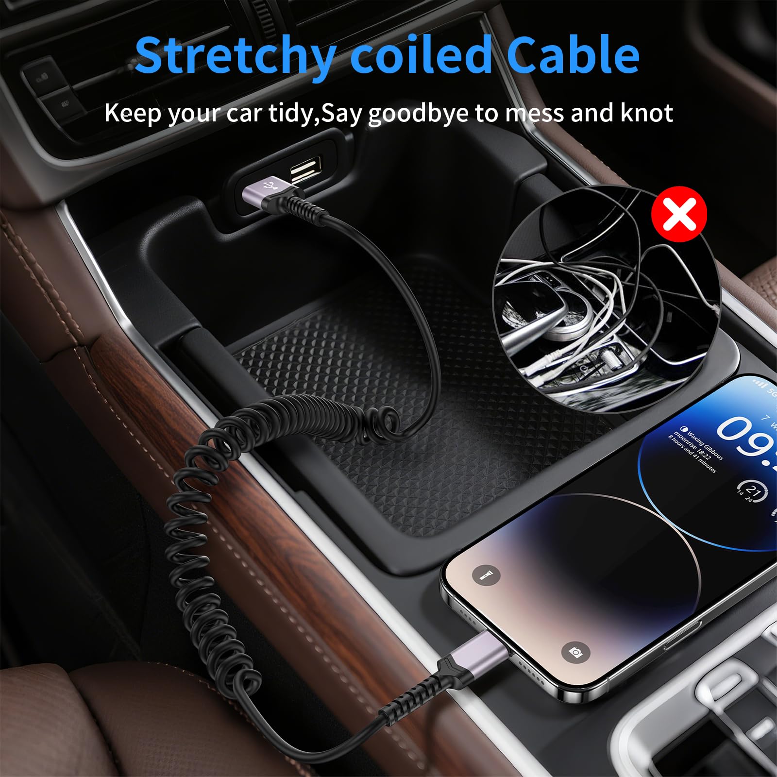 Lot de 3 câbles Lightning spiralés pour voiture [Certifié MFi] Chargeur iPhone rétractable Apple CarPlay USB vers Lightning Cordon de charge rapide pour iPhone 14 13 12 11 Pro Max Mini XR XS 8 SE