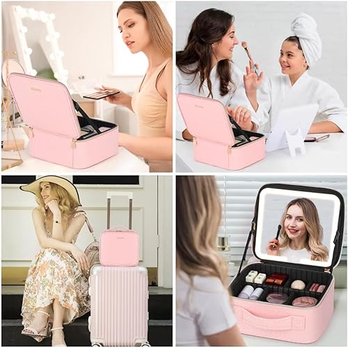 Miniatura 6 de Bolsa de maquillaje de viaje con espejo LED, estuche de maquillaje con espejo iluminado, bolsa organizadora de cosméticos con divisores ajustables y