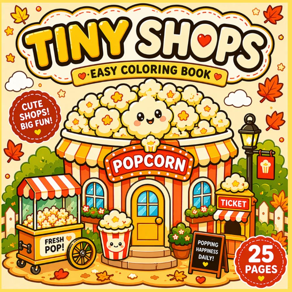TINY SHOPS 25 PAGES: fun and relaxing coloring book with cute miniature shop scenes. 25 simple and playful pages with Cute Tiny Shoos