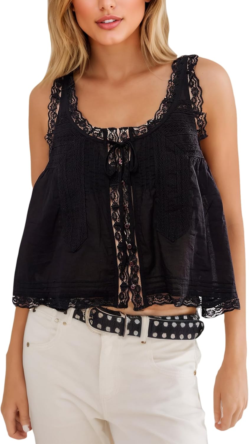 Women Summer Boho Lace Tie Front Tank Beach Vacation Top Button Down Sleeveless Cardigan Crop Y2k Tops Clothes 2026