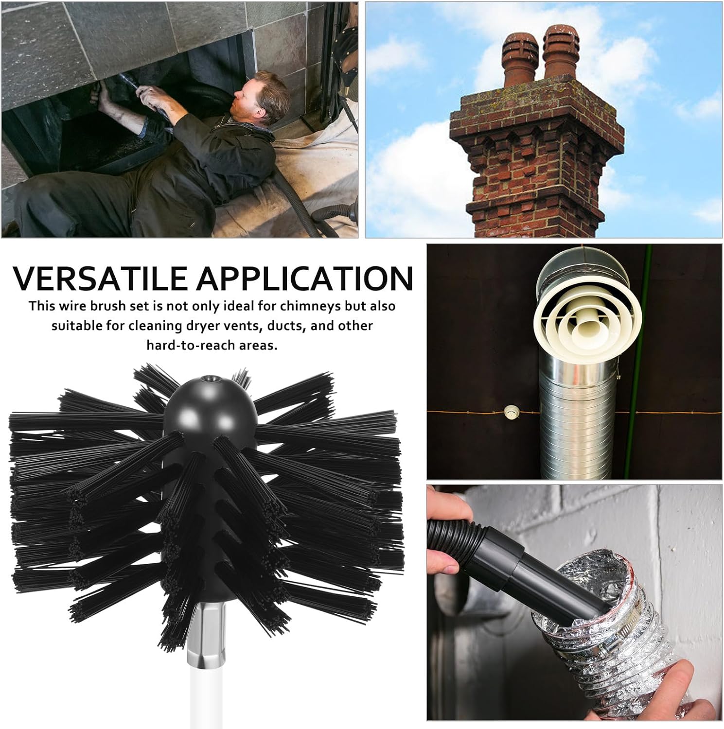 Chimney Sweep Set with 15" Flexible Rods and Drill-Compatible Fireplace Flue Cleaning Brushes, Stove Pipe Brush Kit with Hex Key and Tape for Home Chimney Maintenance