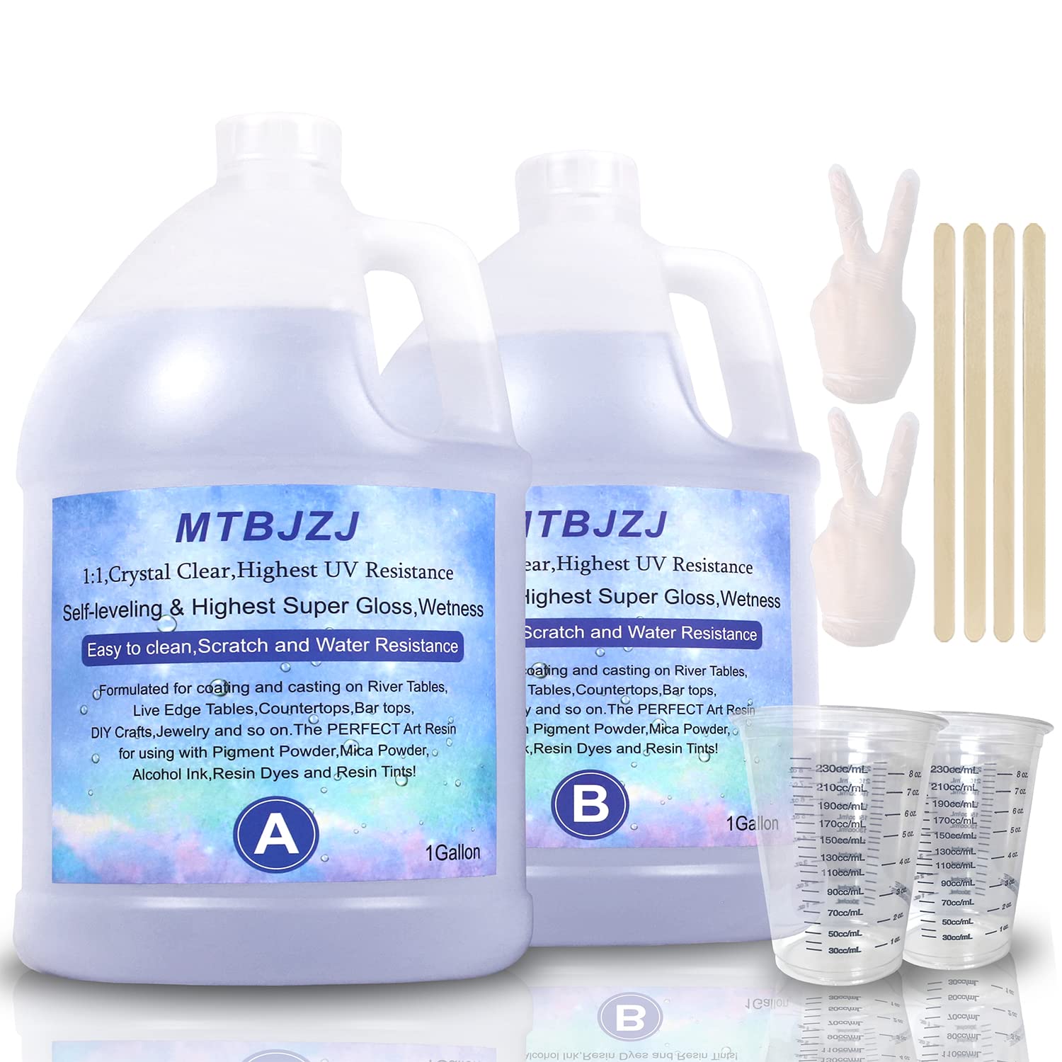 MTBJZJ Epoxy Resin 2 Gallon Kit - Crystal Clear Epoxy Resin That Self Levels for Art Resin, Jewelry Casting, Arts & Crafts, Molds Pigment River Tables, Countertop Epoxy 1:1 (1 Gal x 2)