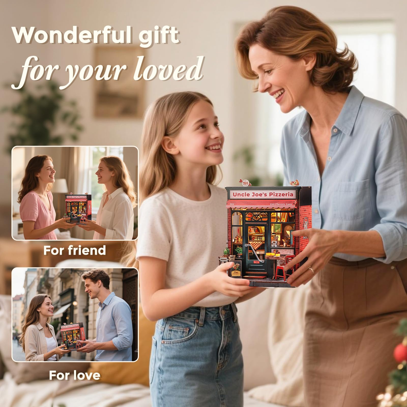 CUTEBEE Book Nook Kit - Miniatura di Casa delle Bambole DIY con Luci LED, Casa in Miniatura a Tema Pizza da Costruire da Soli, Regali (Uncle Joe's Pizzeria)