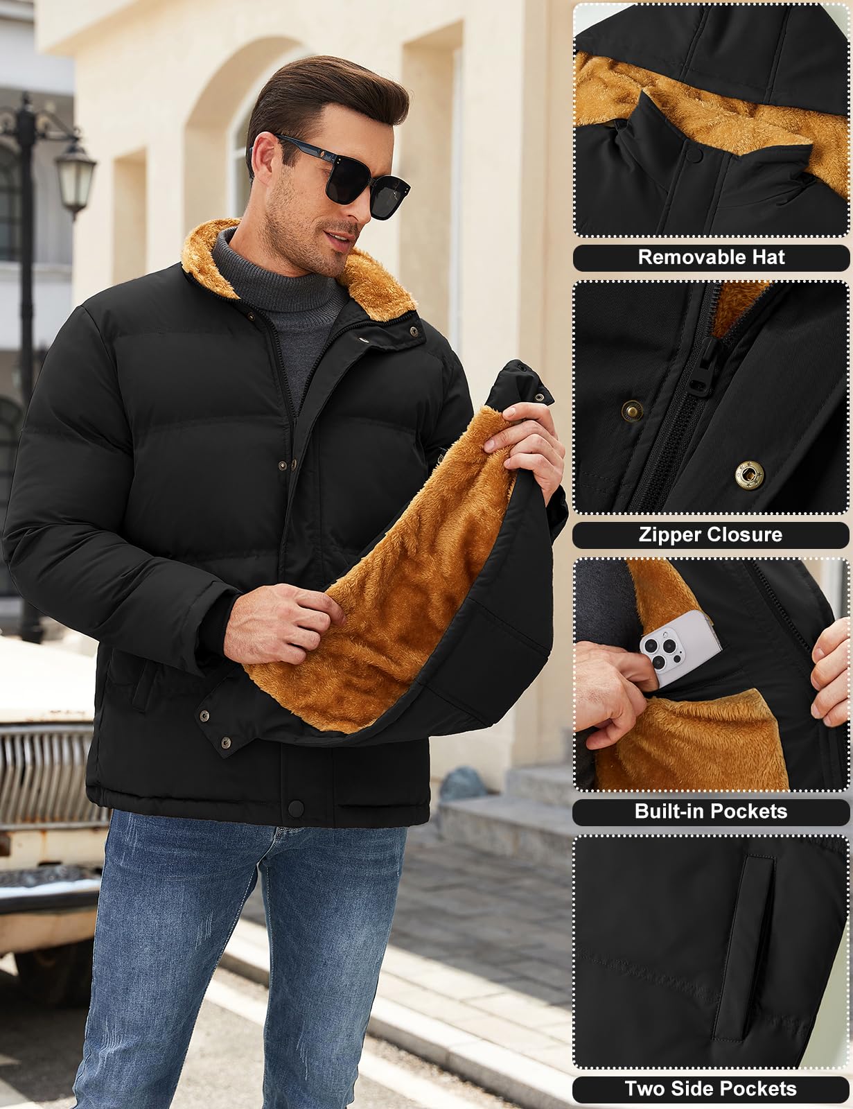 Yuson Girl Abrigo Hombre Invierno Parka Forro Polar Cálido Chaqueta con Cremallera Gruesa Termal Cazadora Abrigos Desmontable Prueba de Viento Acolchado de Algodón Abrigo con Capucha