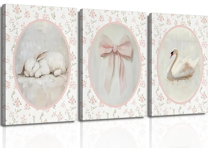 3Pcs Pink Vintage Nursery Canvas Wall Art Cute Animal Rabbit Swan Bow Flower Posters Prints Baby Girl Room Picture Wall Decor for Girls Room Bedroom Decorations Ready To Hang - canvas - 16L"x12W"