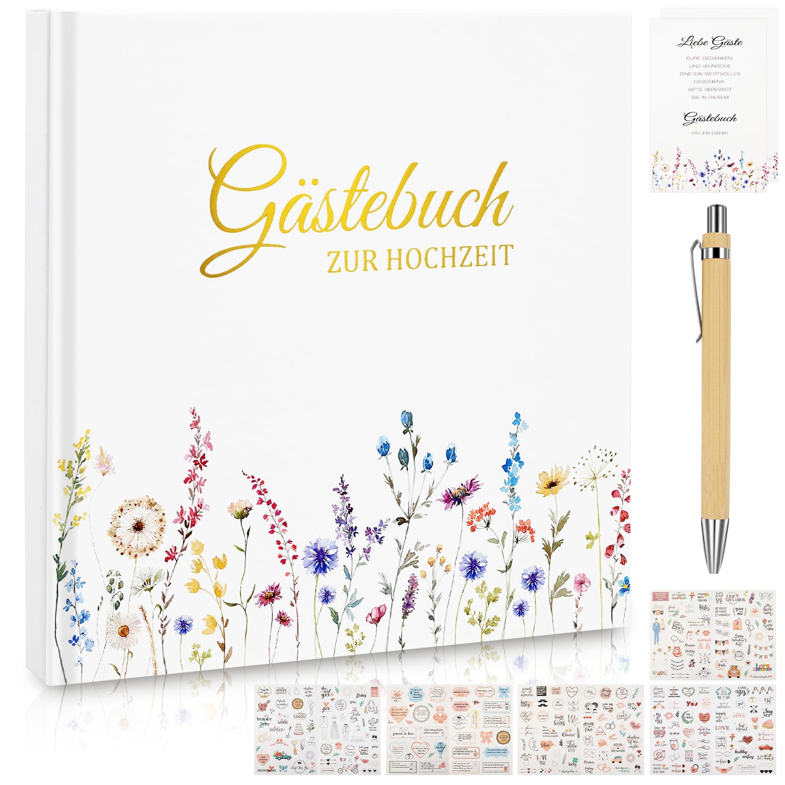ZYNERY Gästebuch Hochzeit Blanko, 21 x 21 cm Hochzeit Gästebuch mit Sticker und Stift 72 Blatt / 144 Seiten Hochzeitsgästebuch zum Ausfüllen von Namen, Glückwünschen, Fotos Einkleben
