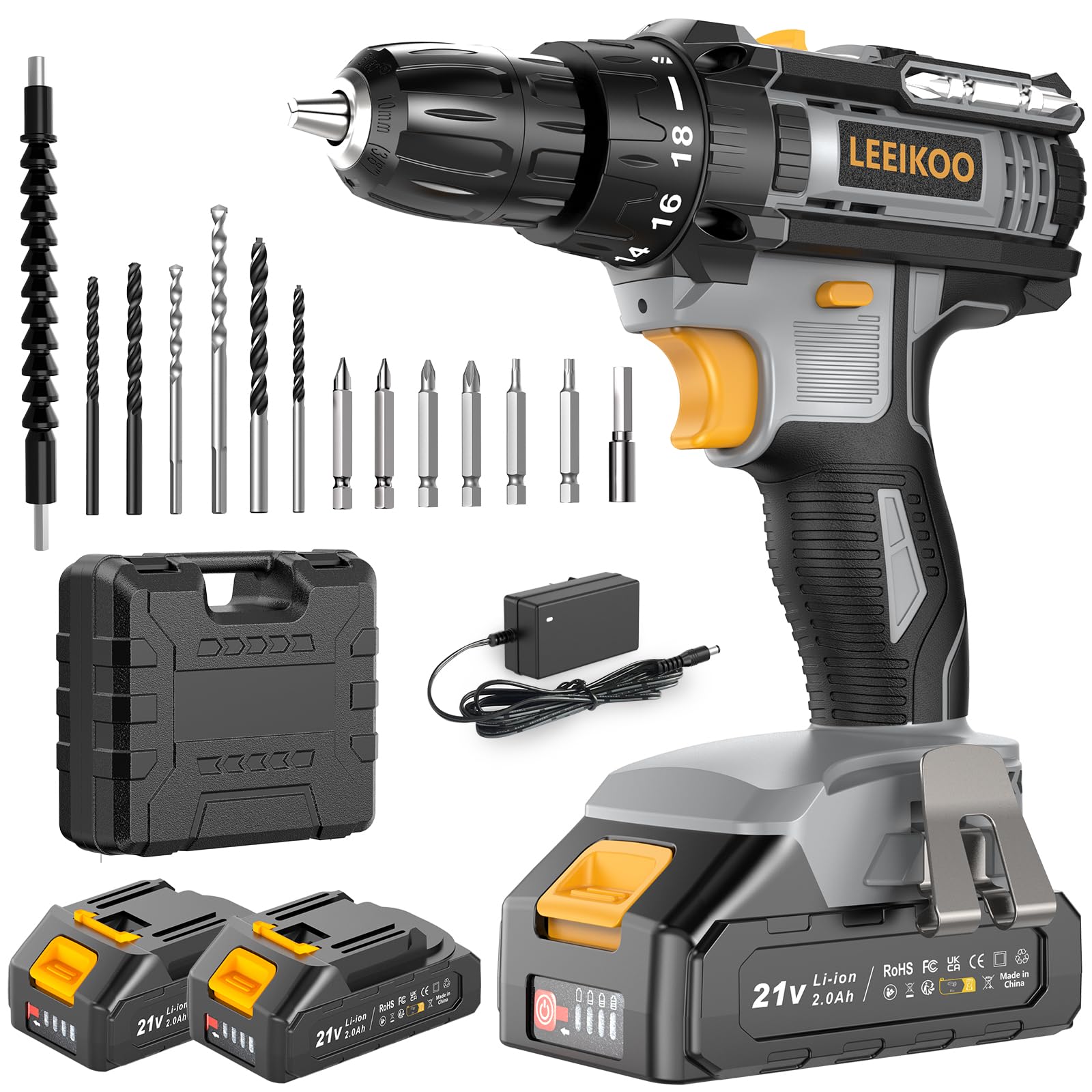 Avvitatore a Batteria, LEEIKOO Trapano Avvitatore Batteria 21V, Avvitatore Elettrico 42N.m con 2 Batterie da 2.0Ah, 2 Velocità, 18+1 Coppie, 14 Accessori, Luce a LED Per Fai da te, Casa e Giardino