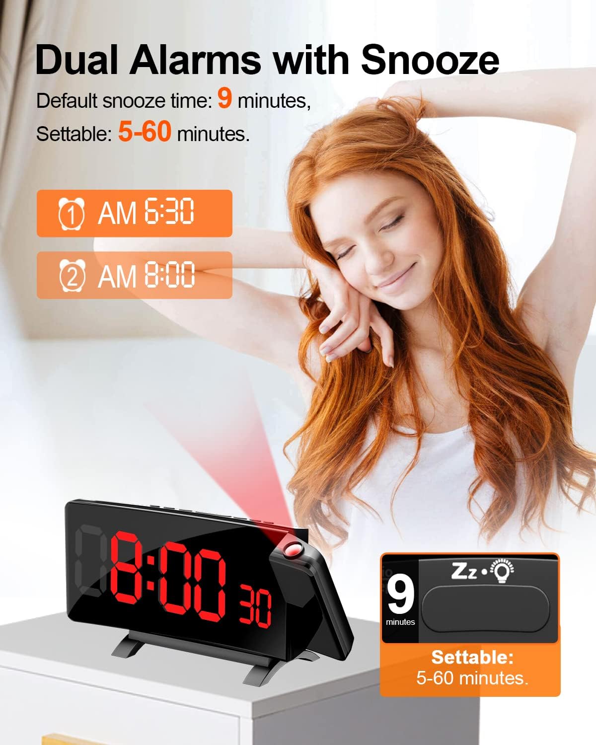 PEYOU Projection Alarm Clock for Bedroom with [5 Dimmer], Digital Clock 7" LED Display, 2 USB Chargers, 180° Rotable Projector, Snooze, Bedside Loud Dual Alarm Clock for Heavy Sleepers Adults Kids