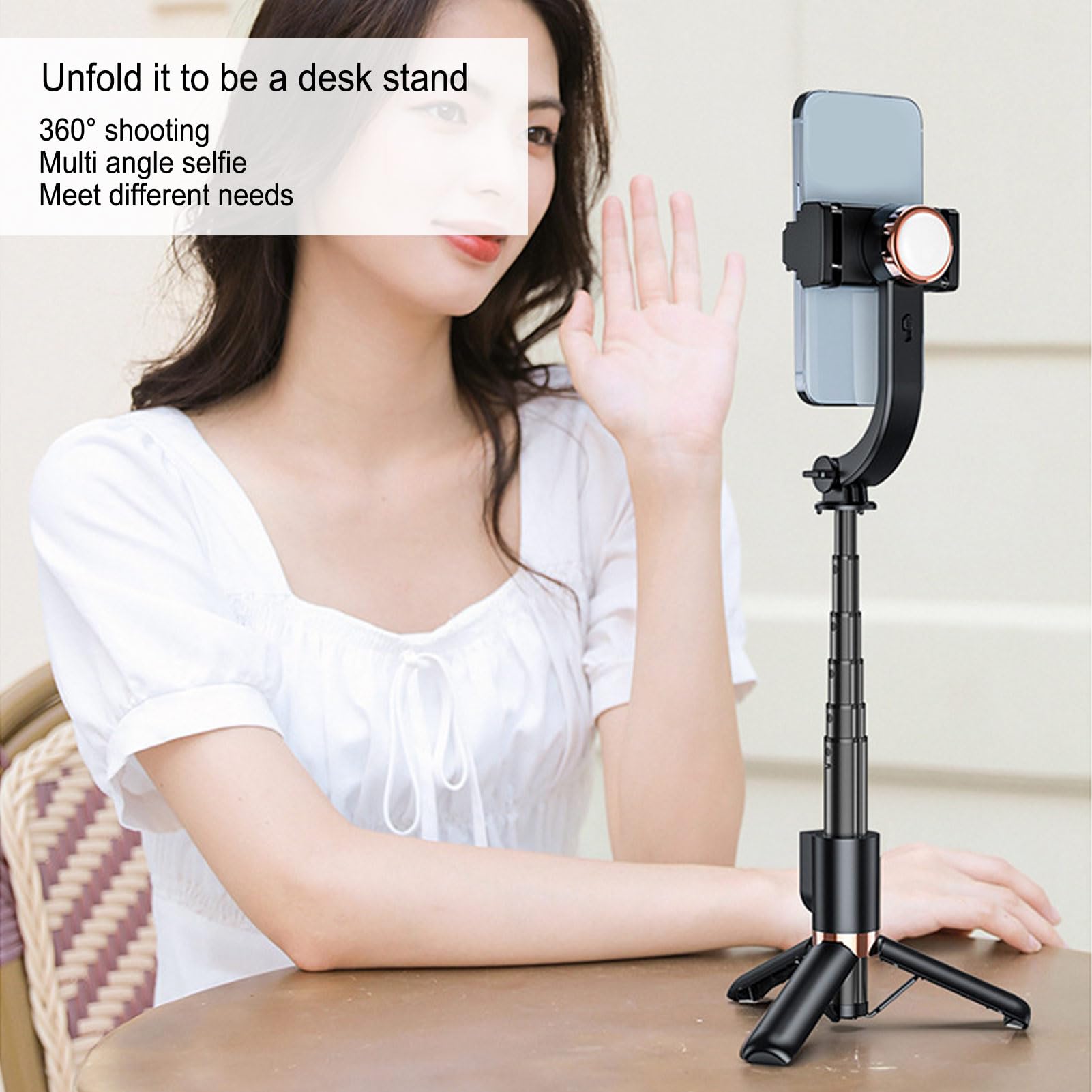 Stabilizzatore Cardanico per Selfie Stick, Treppiede con Rotazione a 360° con Telecomando, Supporto per Telefono Estensibile in Alluminio con Luce Soffusa a 3 Colori,