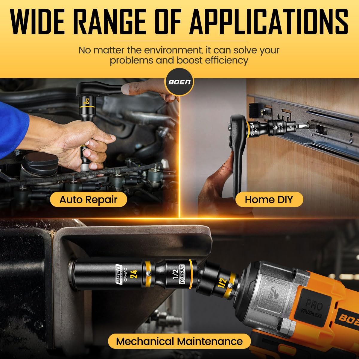 BOEN 3-Piece Magnetic Socket Extension Set, 1/4", 3/8", 1/2" Drive for Automotive and DIY Repairs, Tight Spaces, Mechanics & Home Use - Image 7