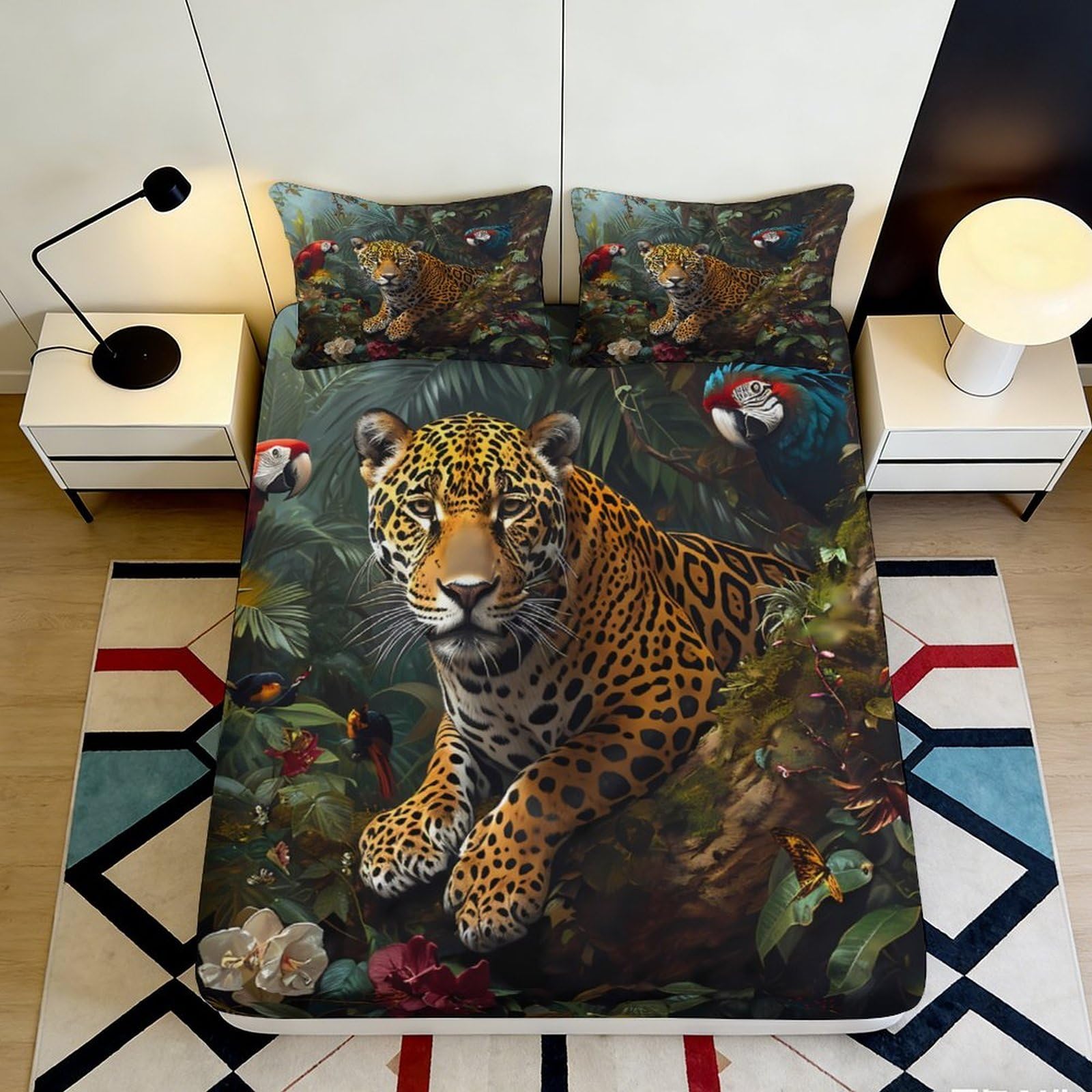 3D Printed Jungle Leopard Fitted Sheet Microfiber Deep Pocket Bedroom Bedding Anti-Slip Jungle Leopard Mattress Fitted Cover Wrap 140x200x25cm