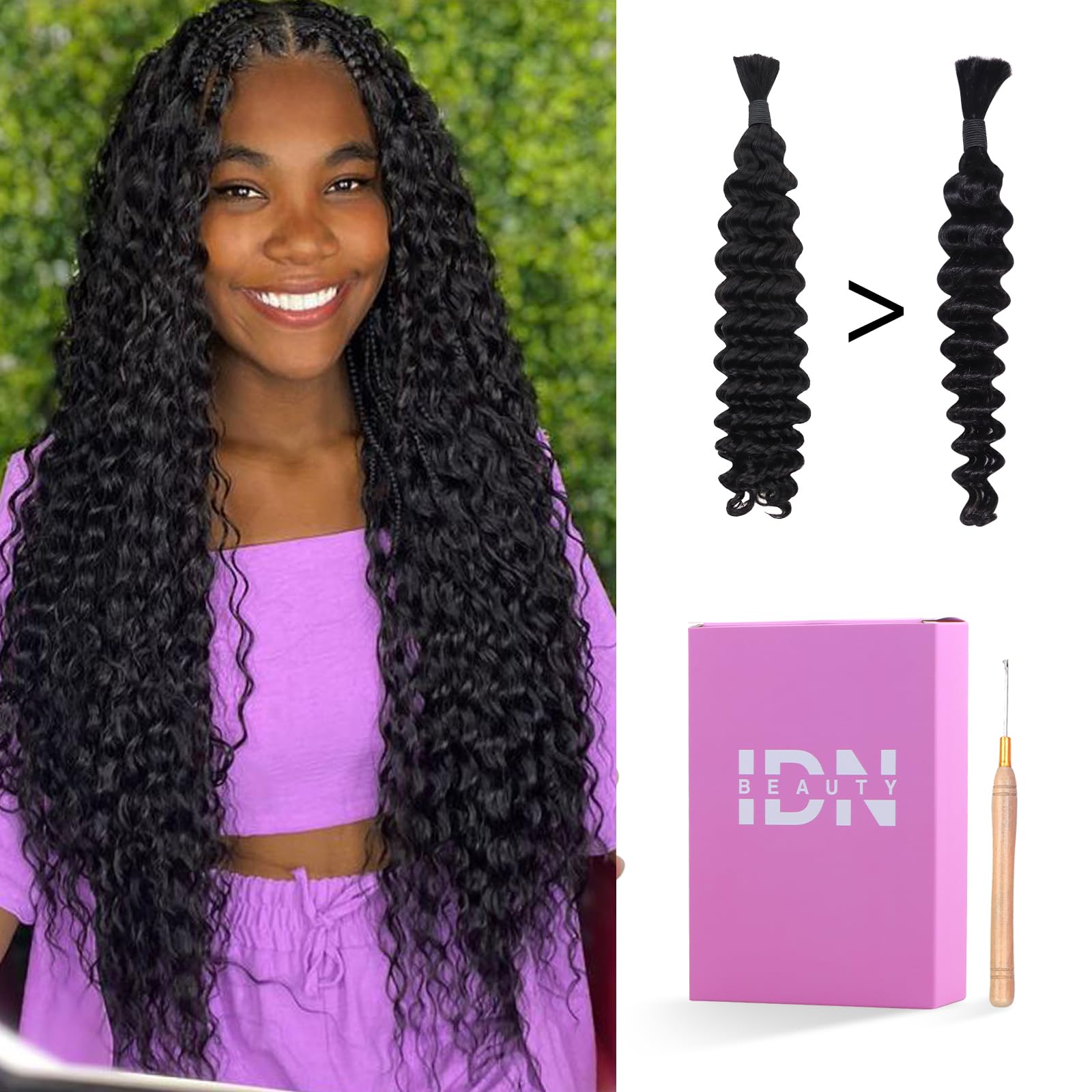 IDN BEAUTY Human Braiding Hair 16 Inch 50g Bulk Boho Hair For Braiding Deep Wave Natural Black Bulk Human Hair For BoHo Braids No Weft 15A Vietnam Virgin Braiding Hair
