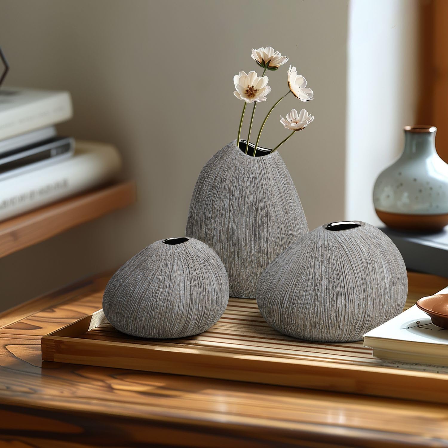 Torre & Tagus Modern Ceramic Bud Vases Set of 3, Handmade Stone Vase with Textured Finish, Pebble Rock Vase Set for Flowers, Stone Vases for Home Decor & Zen Wedding Decor (Gray)