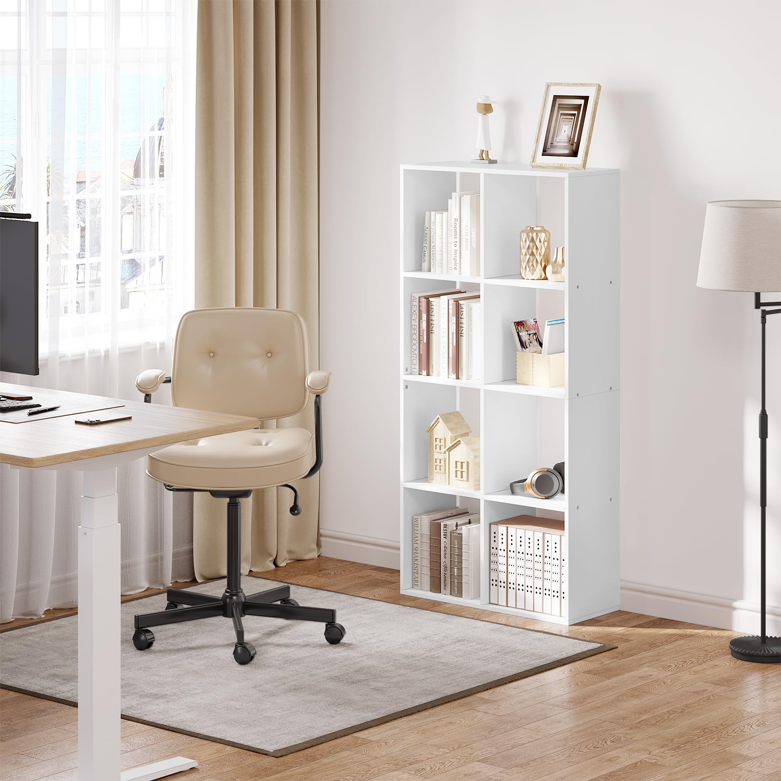 WOLTU Bücherregal mit 4 Ebenen, Standregal mit 8 Fächern Kippschutz, DVD-Regal aus Holzwerkstoff, als Raumteiler Aktenschrank, für Wohnzimmer Küche Büro, 71x140.5x29 cm, Weiß