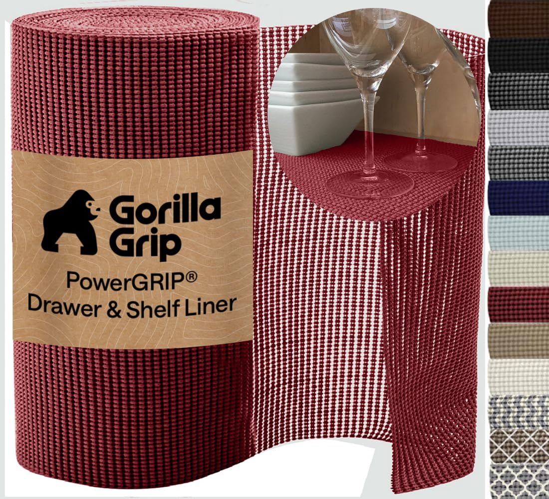 GORILLA GRIP powerGRIP Drawer Shelf and Cabinet Liner, Thick Strong Hold, Non-Adhesive Liners Protect Kitchen Cabinets and Cupboard, Bathroom Drawers, Easy Install, Breathable Mat, 12" x30', Red โ image 1