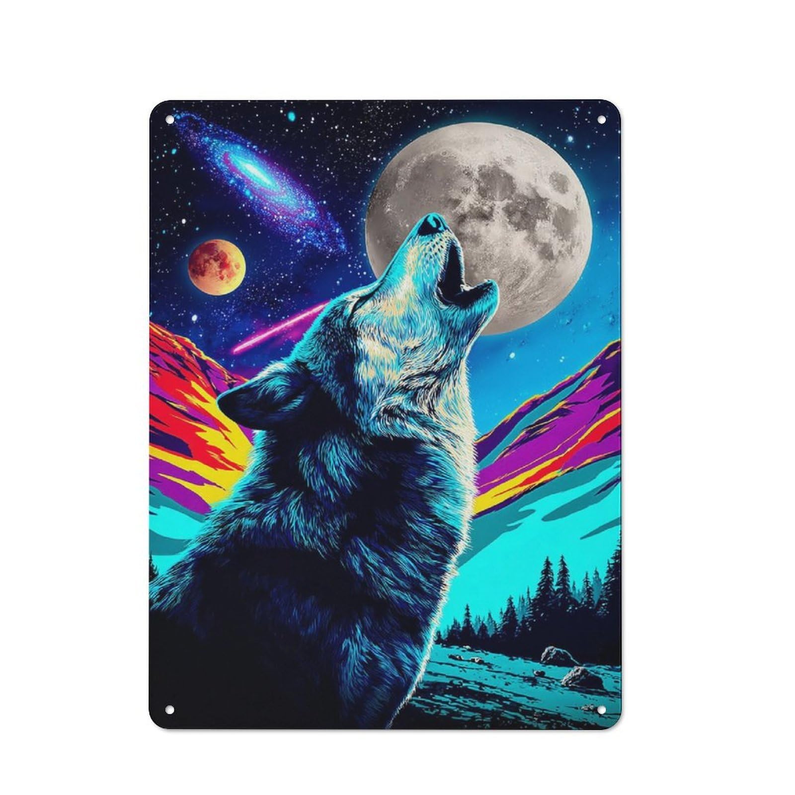 Junmoney Wolf Howling At Cosmic Moon Retro Metal Sign 40X30cm, Garage Style Shed Wall Plaque For Garage, Hobby Room, Office Or Man Cave
