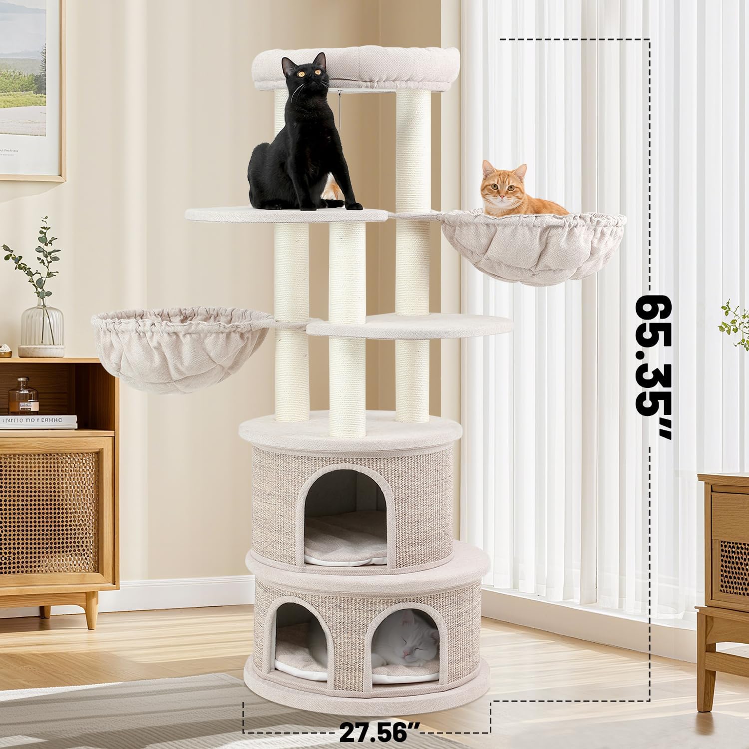 67'' Luxury Cat Tree,Large Modern Wood Cat Tower for Indoor Cats Adults,Multi-Levels Cat Condo with Sisal House and Removable Mats,Hommock,Large Platform,Heavy Duty Furniture (65inch)