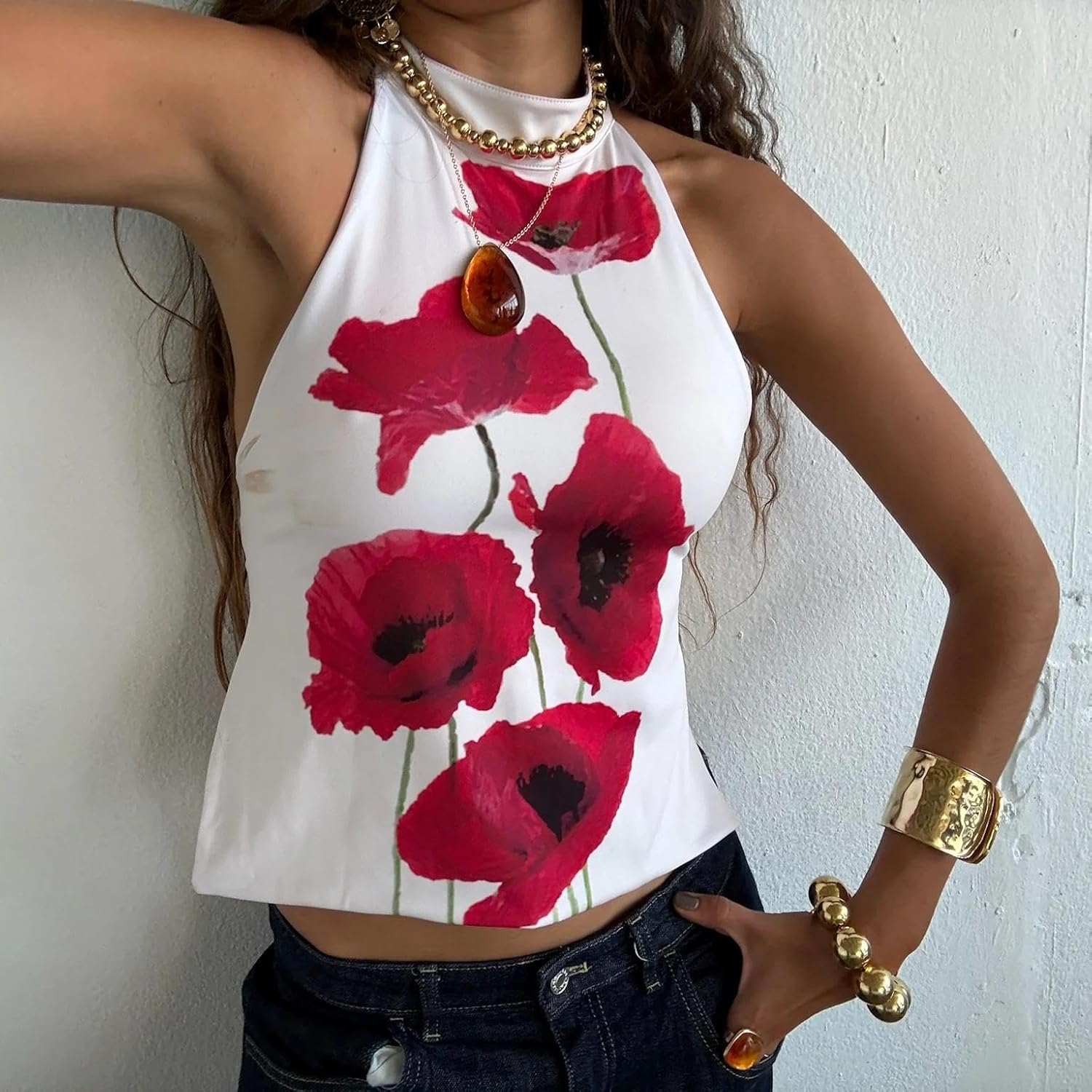 Women Y2k Halter Neck Tank Top Floral Print Backless Cami Top Sleeveless Tie Up Crop Top Summer Streetwear - Image 5