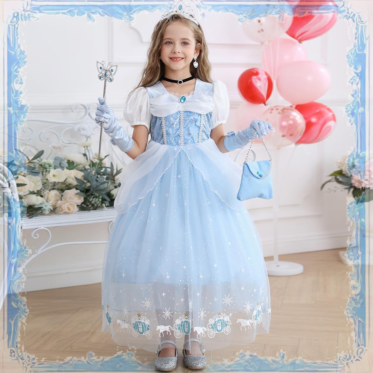 Cinderella Costume for Girls Blue Princess Dress for Kids with Puffy Sleeves Halloween Birthday Party Outfit - Image 2