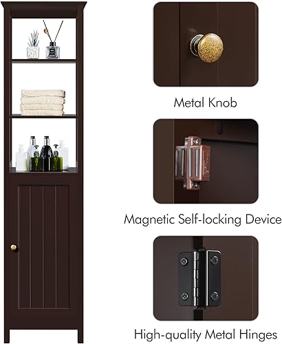 Miniatura 5 de Yaheetech Armario de almacenamiento alto para baño con puerta y estantes, organizador de inodoro estrecho de 3 niveles con estantes abiertos,