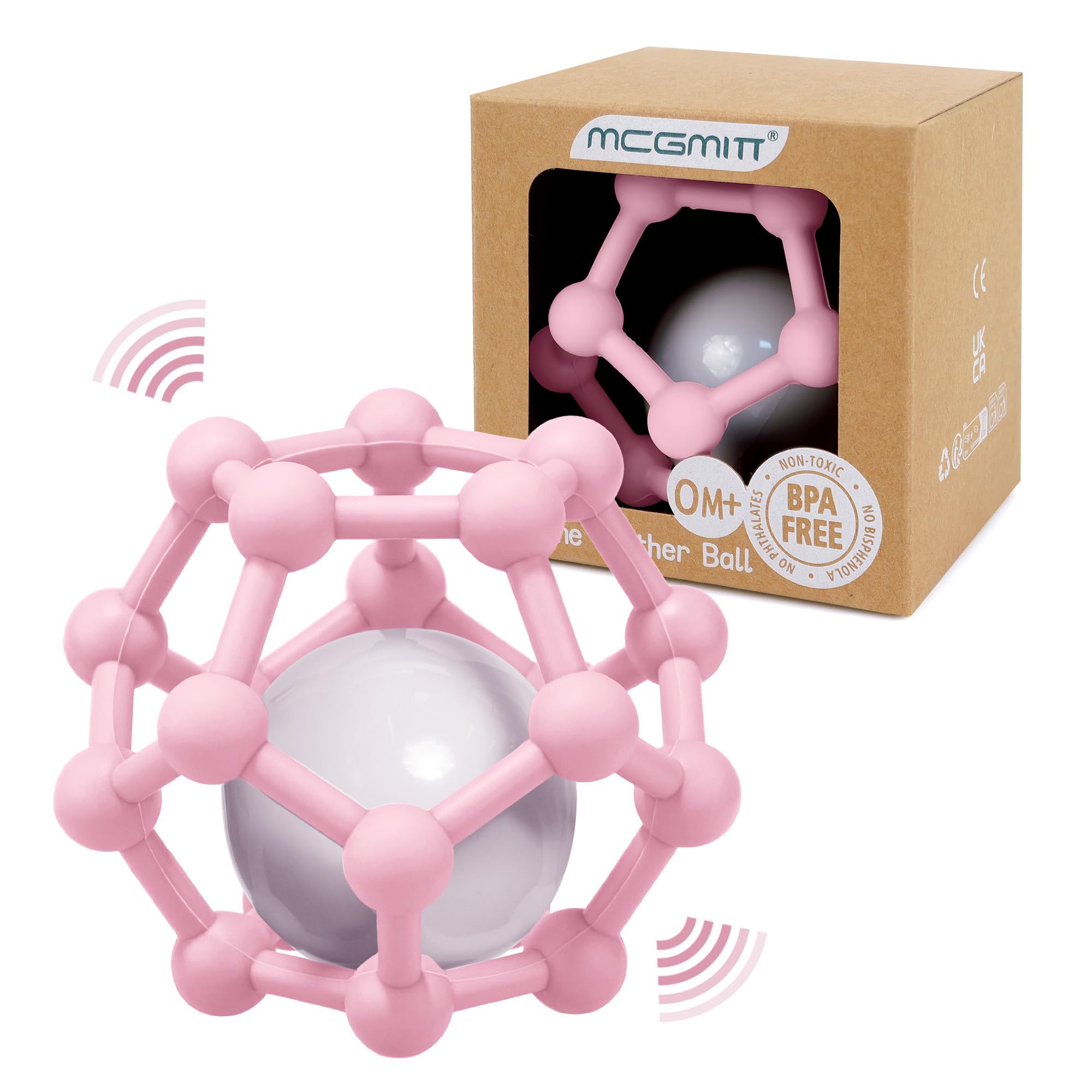 MCGMITT Rassel Baby Ball Sensorik Spielzeug für Babys 3 6 9 12 Monate zu greifen und zu zahnen, weiche Beißring BPA-frei Silikon Greifball für sensorische Entwicklung (Rosa)