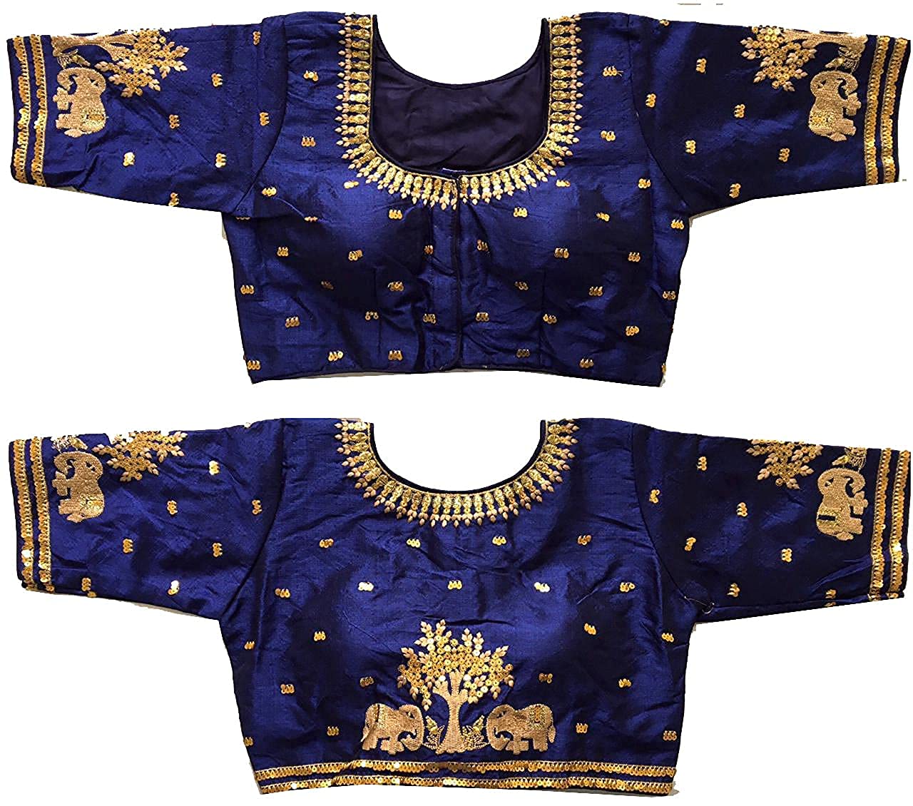 Vihu Fashion Women's Multicolor Phantom Silk Heavy Elephant Gold Thread Embroidery Sequins Zari Work Half Sleeves Readymade Saree Blouse (38 Size +Margin)