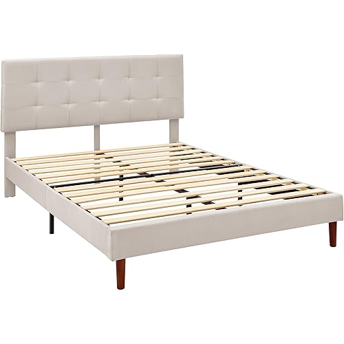 Amazon Basics Upholstered Platform Bed with Stitch-Tufted Headboard, Wood Slat Support, Easy Assembly - Queen, Beige