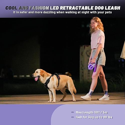 Miniatura 6 de QQPETS Correa retráctil para perro con luz LED recargable, cinta de nailon resistente de 16 pies para paseos nocturnos de hasta 88 libras de