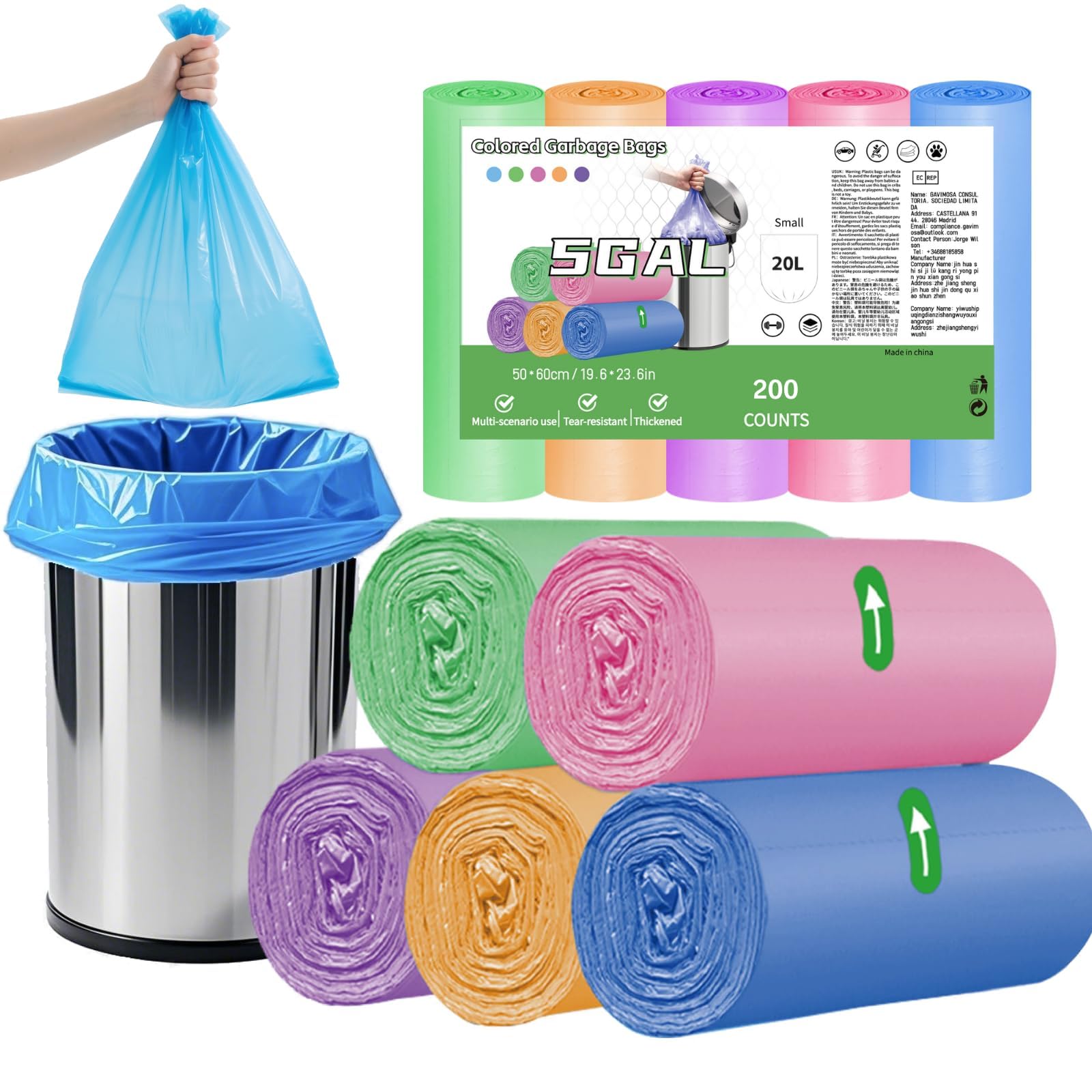 200 Counts 5Gal Garbage Bag, AOSULI 20L Colourful Trash Bags for Kitchen, Office, Fits 20L Trash Can