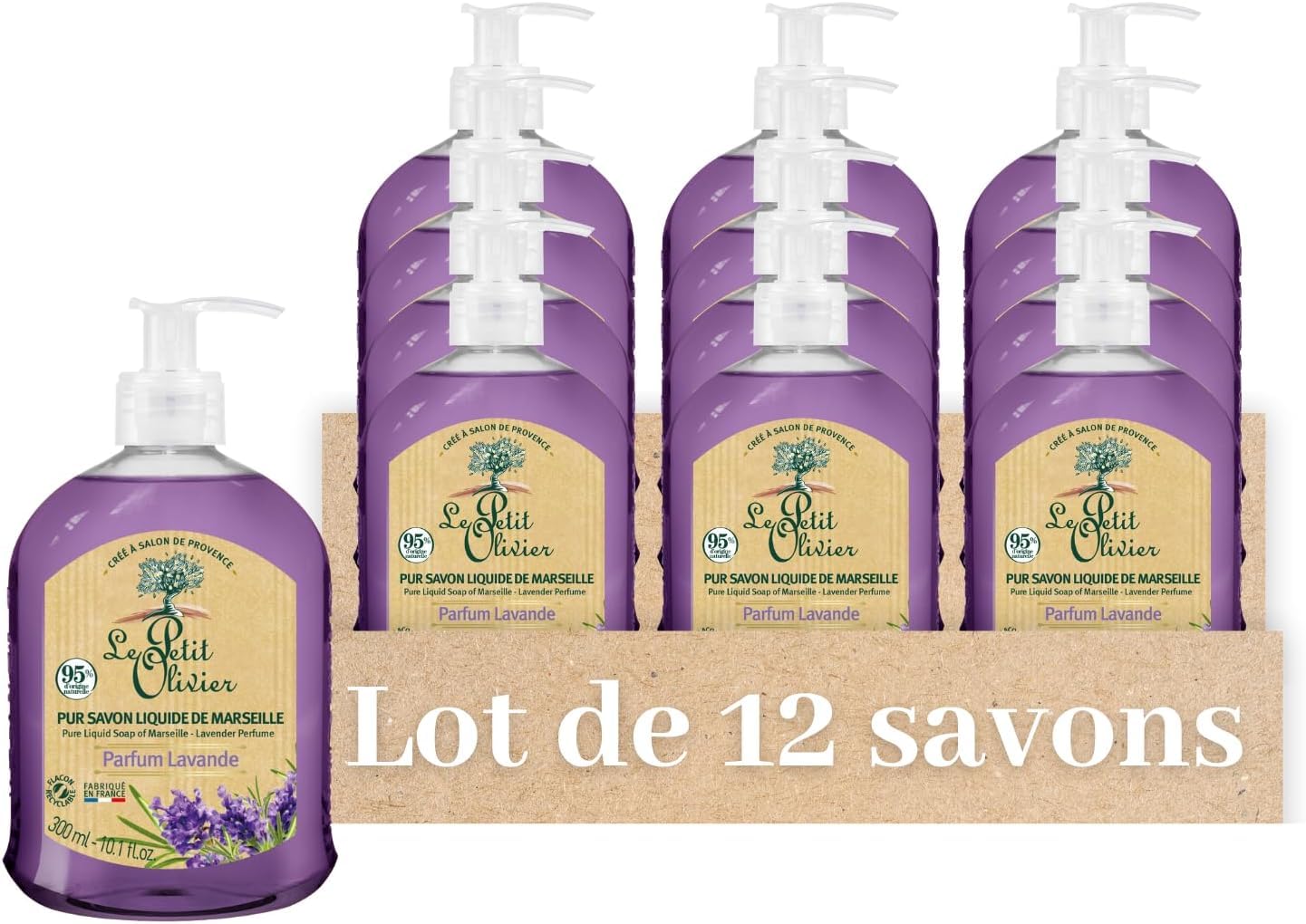 LE PETIT OLIVIER - Zestaw 12 - Czyste mydło w płynie z Marsylii - Zapach lawendy z regionu Grasse - Delikatnie oczyszcza skórę - 95% naturalnego pochodzenia - Wyprodukowano we Francji - 300ml