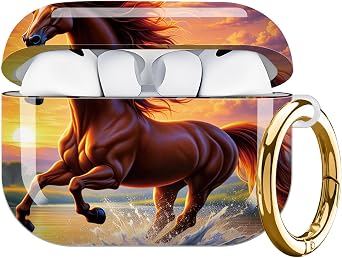 Compatible for AirPod Pro 3 Case,Shockproof Protection Cover with Keychain Wireless Charging,Personalized Hard Case for Women Girl 2025,Horse Running Water Sunset