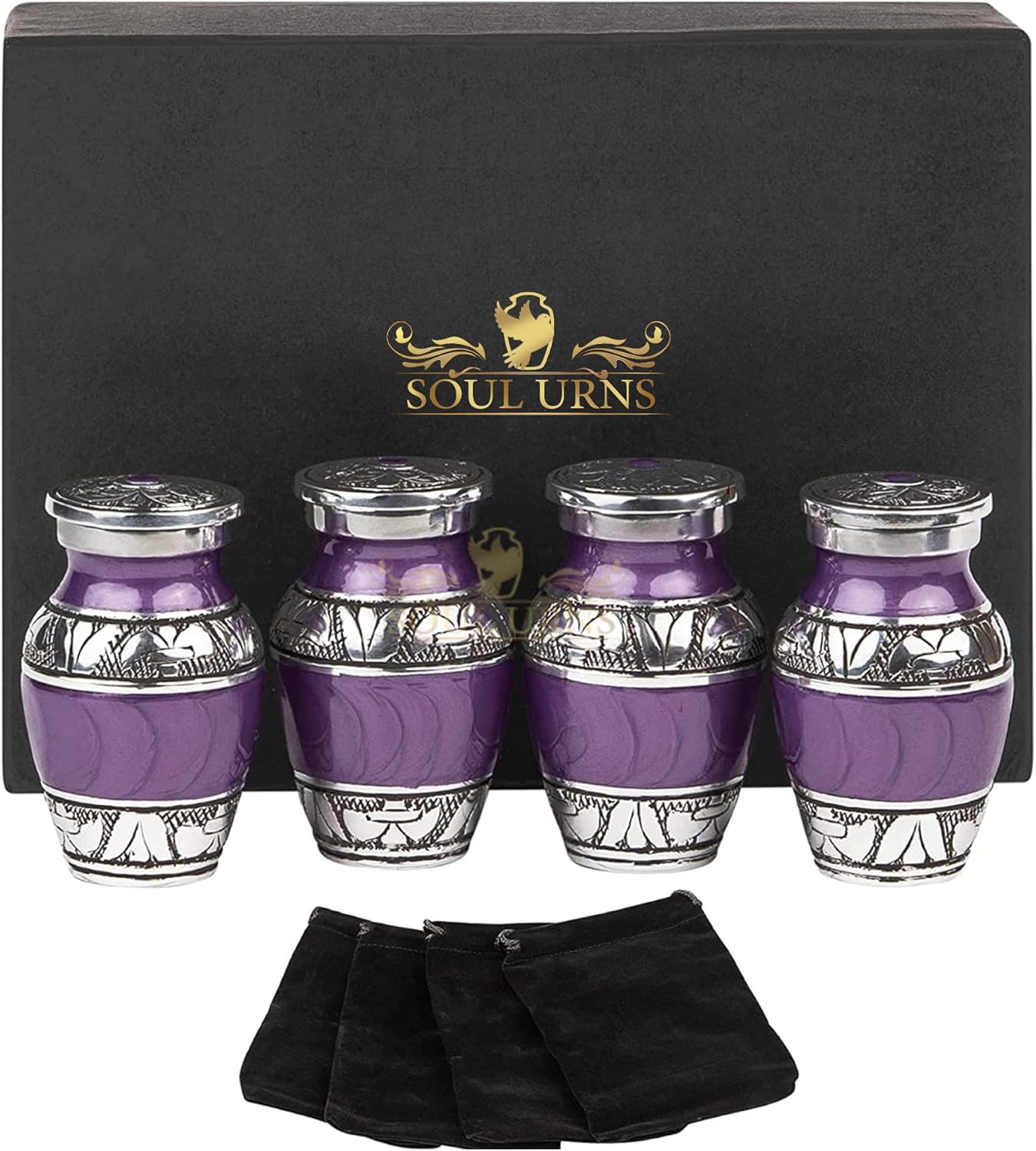 SOULURNS Small Keepsake Urns for Human Ashes – Elegant White Mini Urns for Ashes with Silver Engraved Bands & Velvet Box – Memorial Cremation Urns for Adults, Men & Women