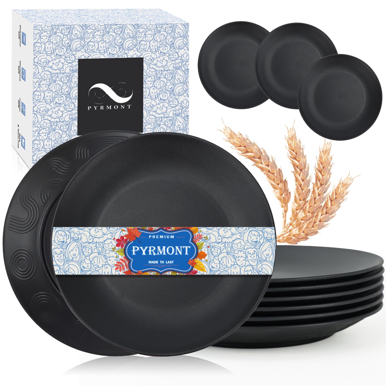 Photo 1 of PYRMONT 9-Inch Plastic Plates Reusable Plastic Plates Camping Plates of 6 Lightweight Wheat Straw Plates Dishes Plates Set Salad Plates Dinner Plates Dishwasher & Microwave Safe, BPA Free B-Black 9in