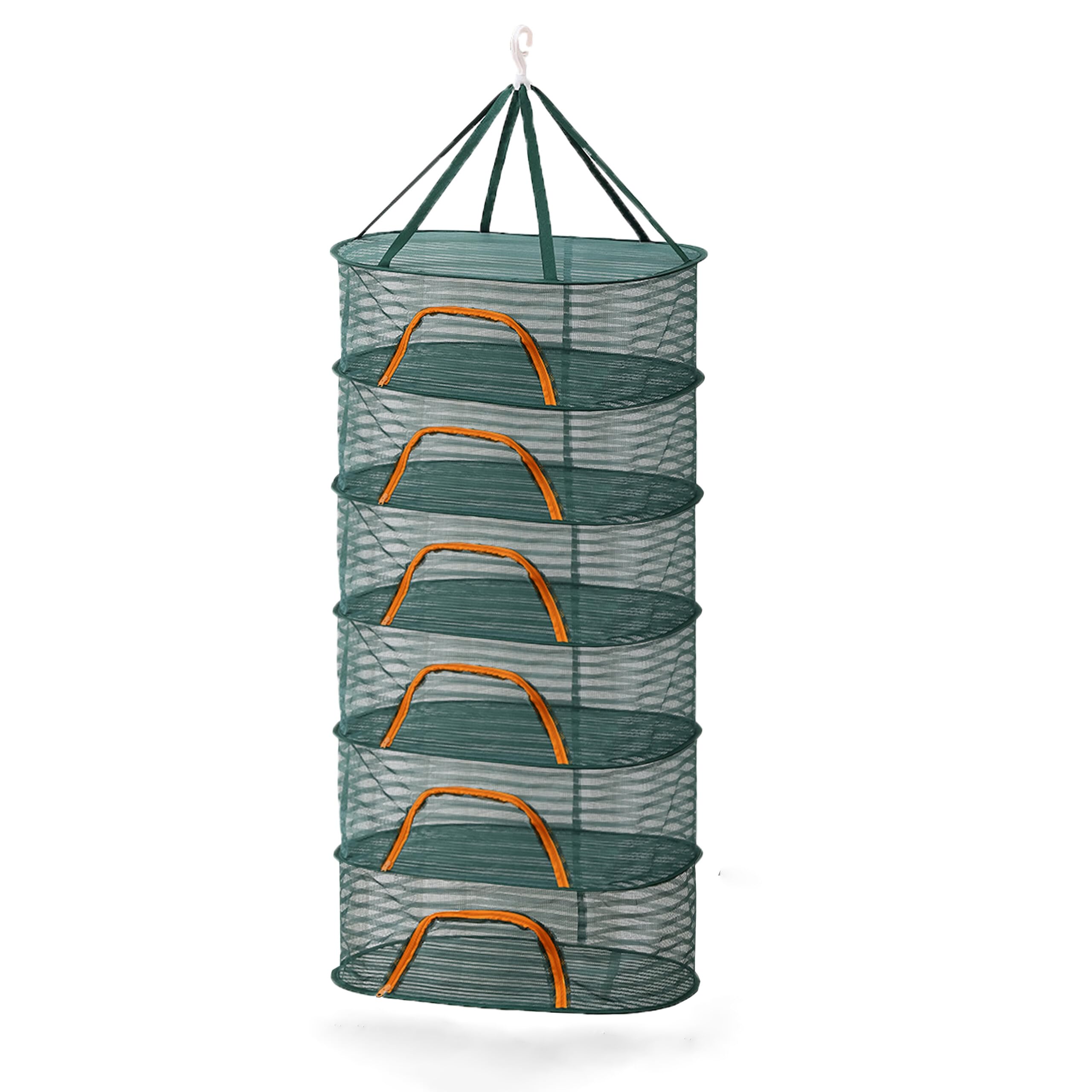 Relaxdays Foldable Drying Net, 6-Tier for Herbs, Fruit, Vegetables, Hanging Rack, Green/Orange