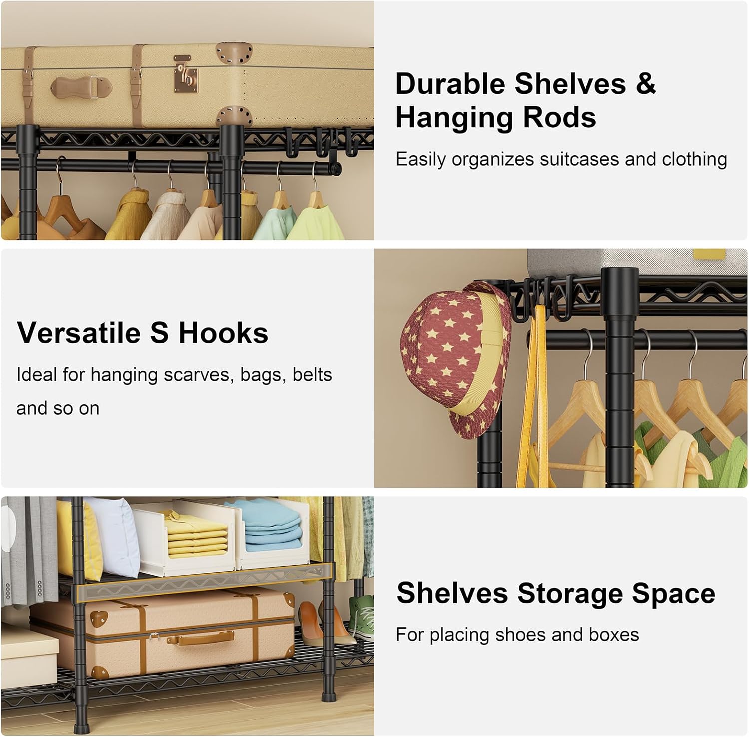 Ulif E3 Heavy Duty Garment Rack, 4 Tiers Freestanding Closet Organizer System with 5 Shelves, Metal Closet Organizer and Storage System for Clothes, Max Load 850lbs, 58.4"W x 15.7"D x 77.3"H, Black