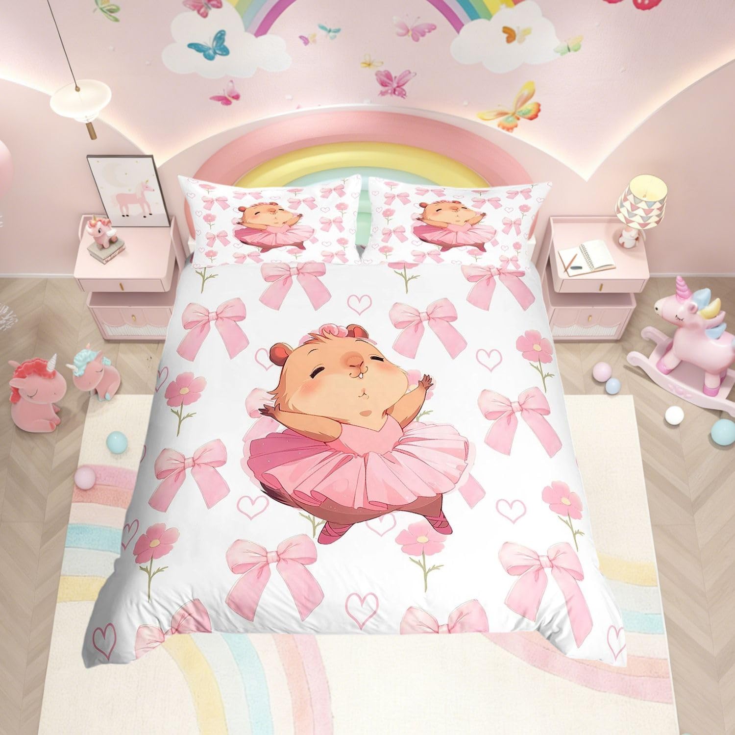 Homewish Ballet Capybara King Duvet Cover Princess Style for Kids Girls - Pink Bow Bedding Set with Pink Reverse - Cartoon Capybara Animal Quilt Cover Cute Bowknot Bed Set with 2 Pillowcases