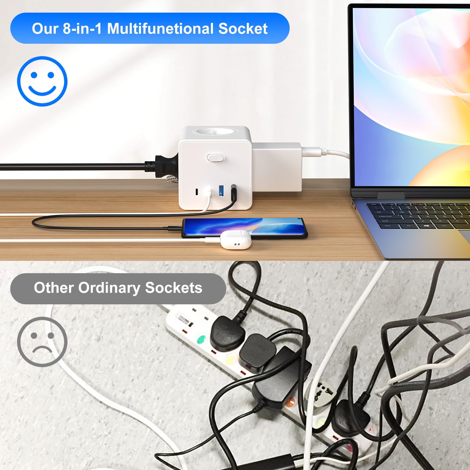 Kostka do gniazdka, z 2 USB A i 2 USB C, 4-krotny adapter z przełącznikiem, 8 w 1 z kablem 3M, do biura, domu, biała