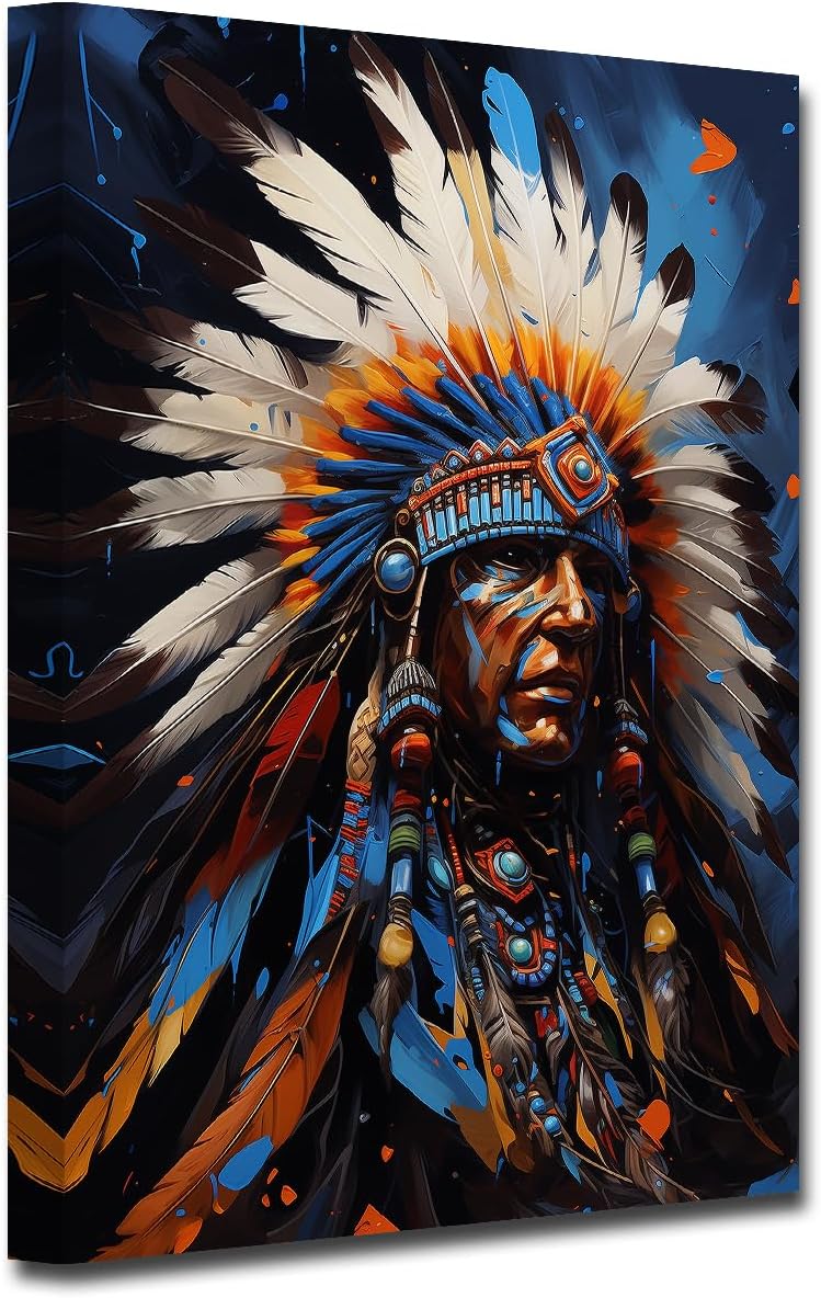 CXHOSTENT Native American Canvas Wall Art Indian Chief Headdress Feathered Picture Prints Retro Colorful Indian Chief Painting for Home Decor Framed (D, 28.00"x42.00")