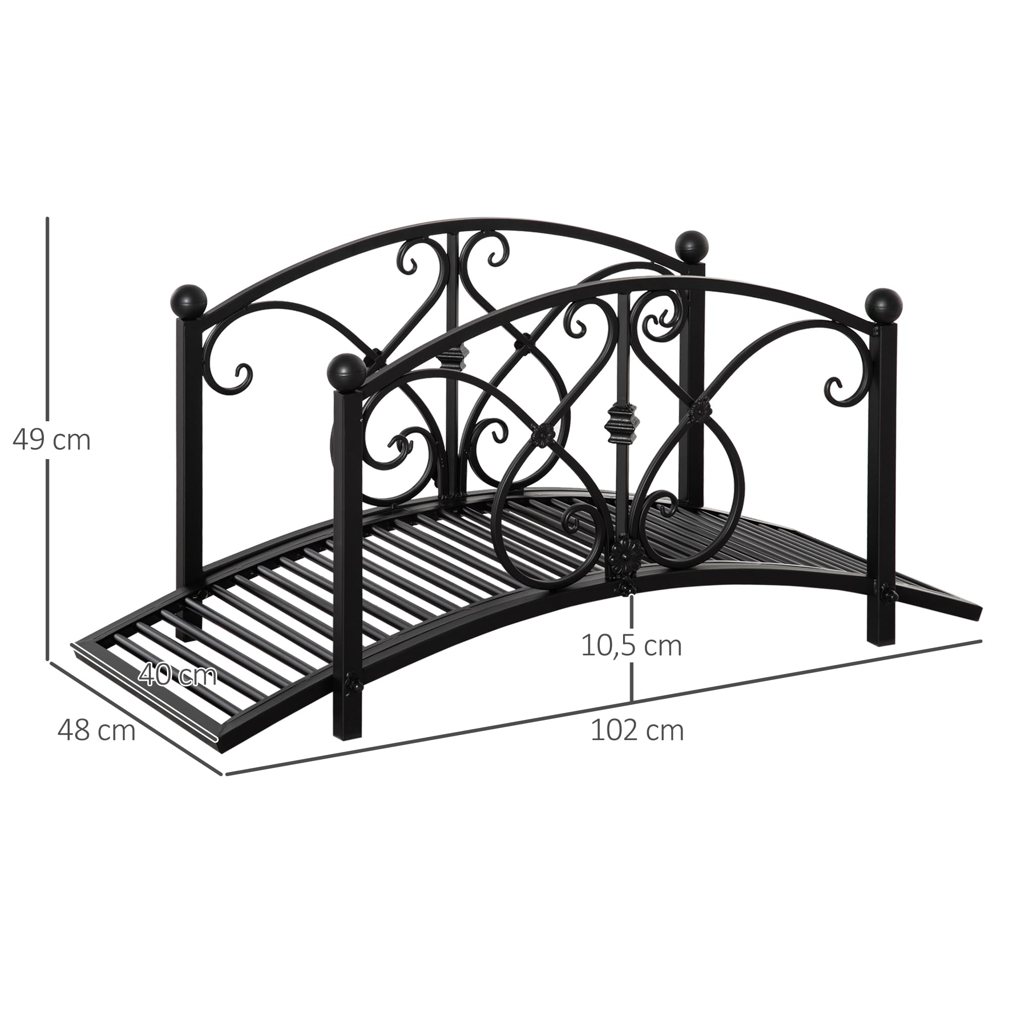 Outsunny Gartenbrücke, Teichbrücke mit Sicherheitsgeländer, Zierbrücke bis 100 kg belastbar, Dekobrücke, Brücke für Garten Park Hinterhof 102 x 48 x 49 cm Schwarz