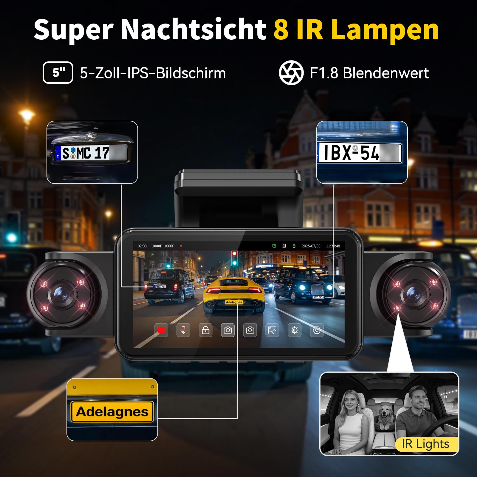 4 Kanal Dashcam 360° Dashcam Auto Vorne Hinten 4K+1080P, 5 Zoll IPS Bildschirm Dash Cam Auto Kamera mit WiFi Kostenlose 64 GB Karte,8 IR Lamp Nachtsicht,G Sensor,Loop-Aufnahme,APP Steuerung