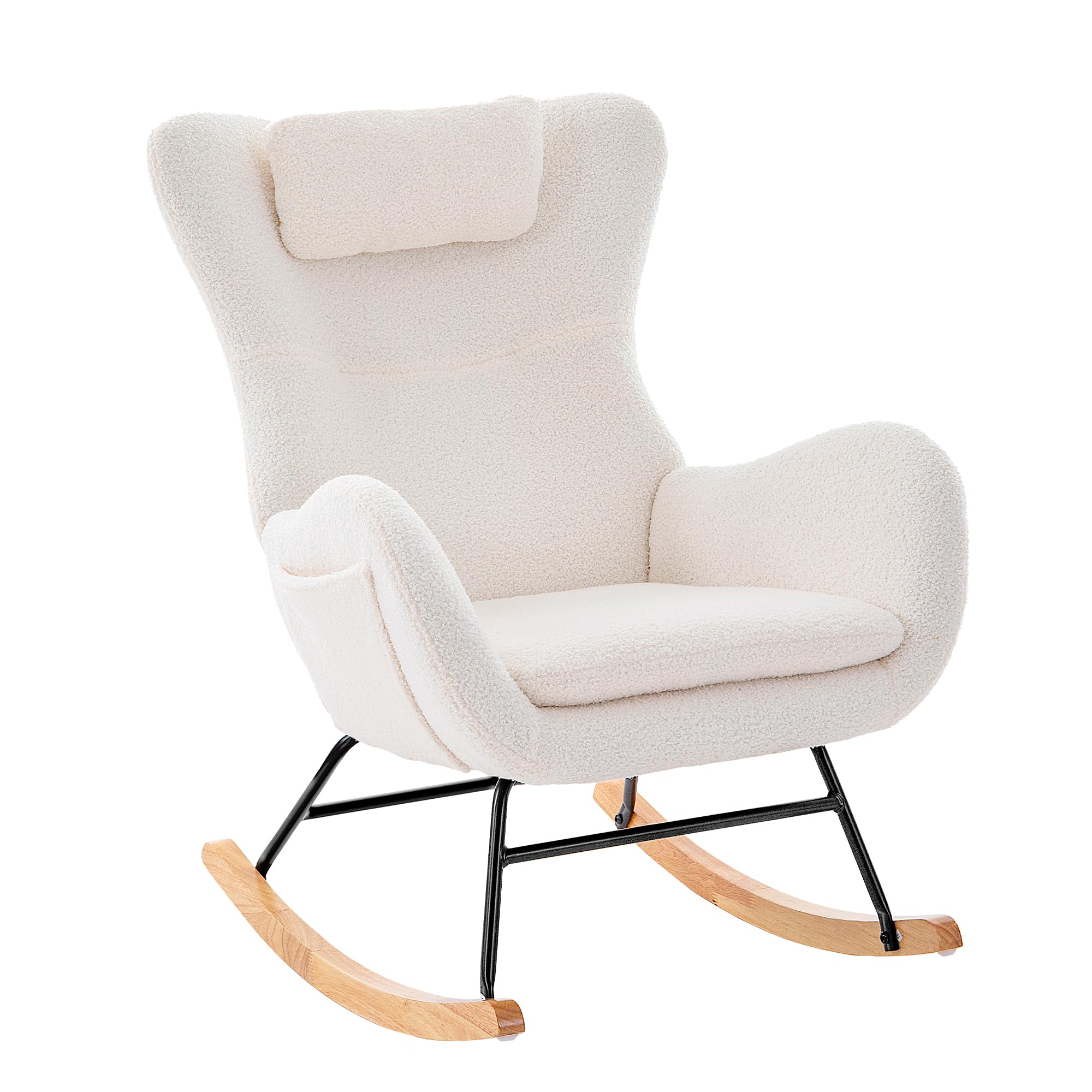 Lamberia Nursery Rocking Chairs for Baby Room Teddy Upholstered Glider Recliner with High Backrest and Padded Armrests, Comfy Rocker Chair for Living Room, Bedroom, Office (Ivory)