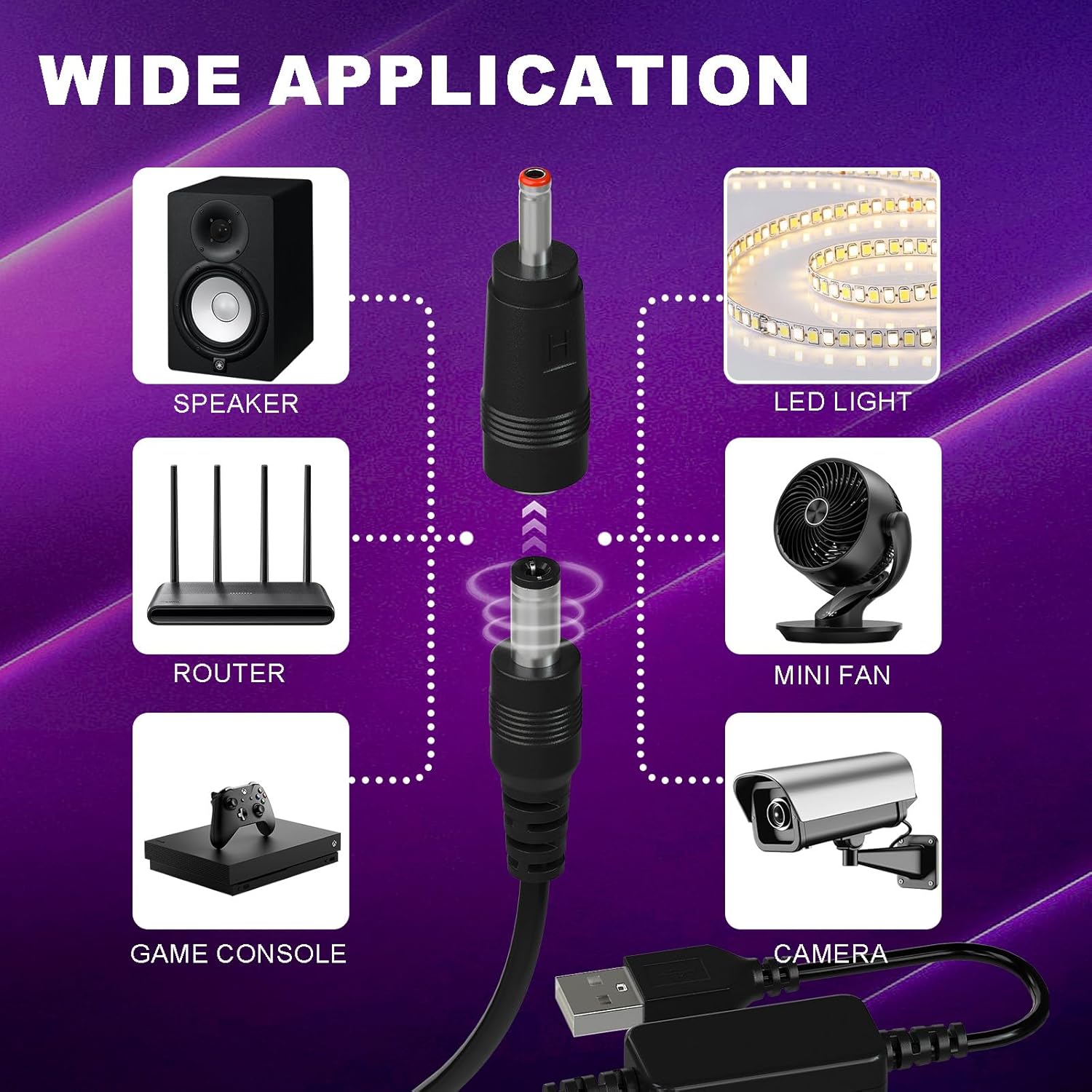 Detailed dimensions of the DROK USB to 12V adapter and its connectors