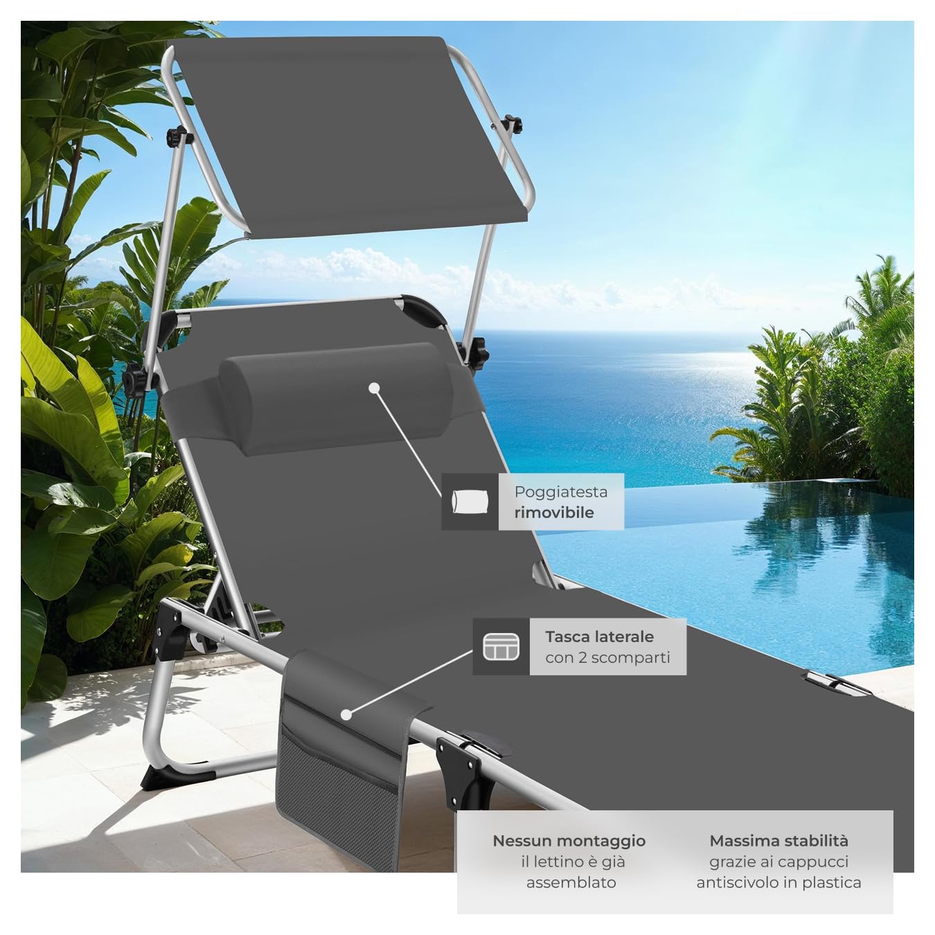 tectake® Lettino Prendisole Pieghevole, Telaio in Alluminio, Schienale Regolabile in 6 Posizioni, Lettino Sdraio con Tetto Parasole e Comodo Cuscino, Ideale per Giardino e Campeggio - Grigio