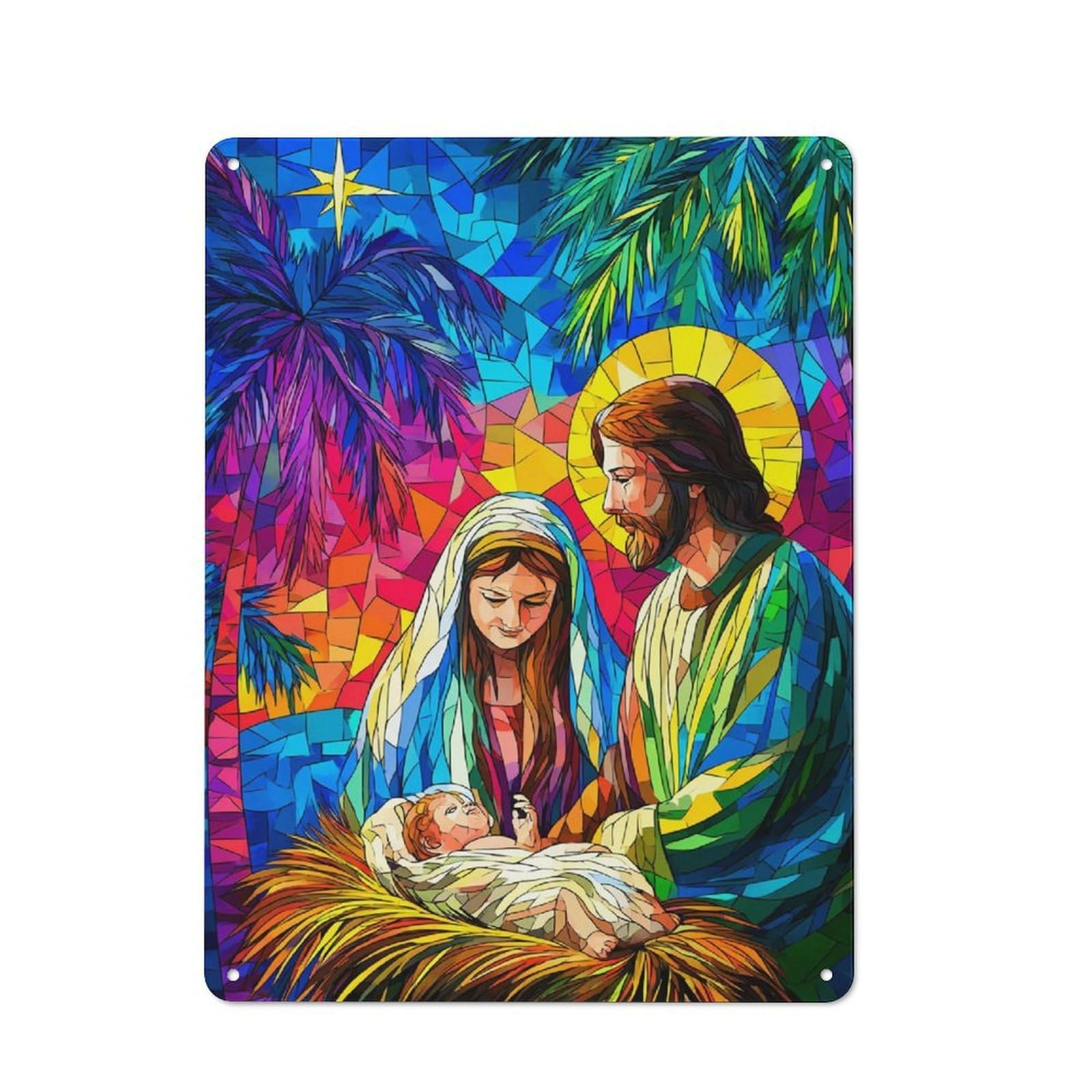 Junmoney Colorful Nativity Scene Tin Wall Plaque 40X30cm With For Bar Or Restaurant, Suited To Restaurant Interior Fans