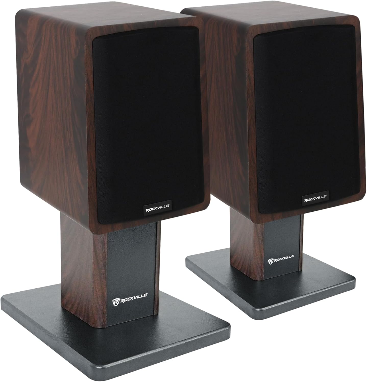 Rockville ELITE-5D Bundle: Dark Wood 800W 5.25" Bluetooth Bookshelf Speakers, Pair RHT8D Monitor Desktop Stands, 2 Items